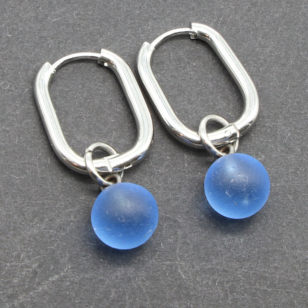 Frosted Mid Blue Glass Oval Hoop Earrings