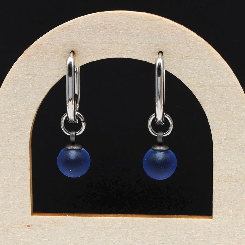 Frosted Mid Blue Glass Oval Hoop Earrings