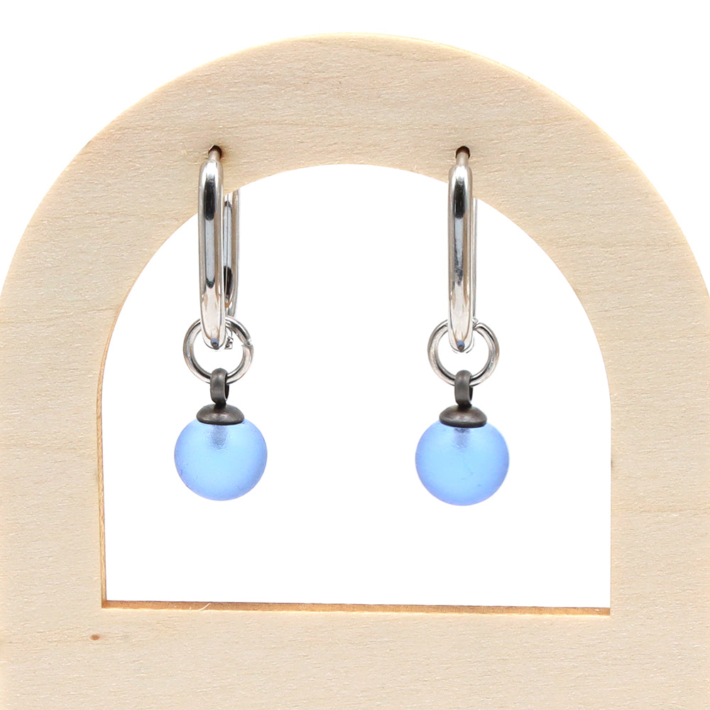 Frosted Mid Blue Glass Oval Hoop Earrings