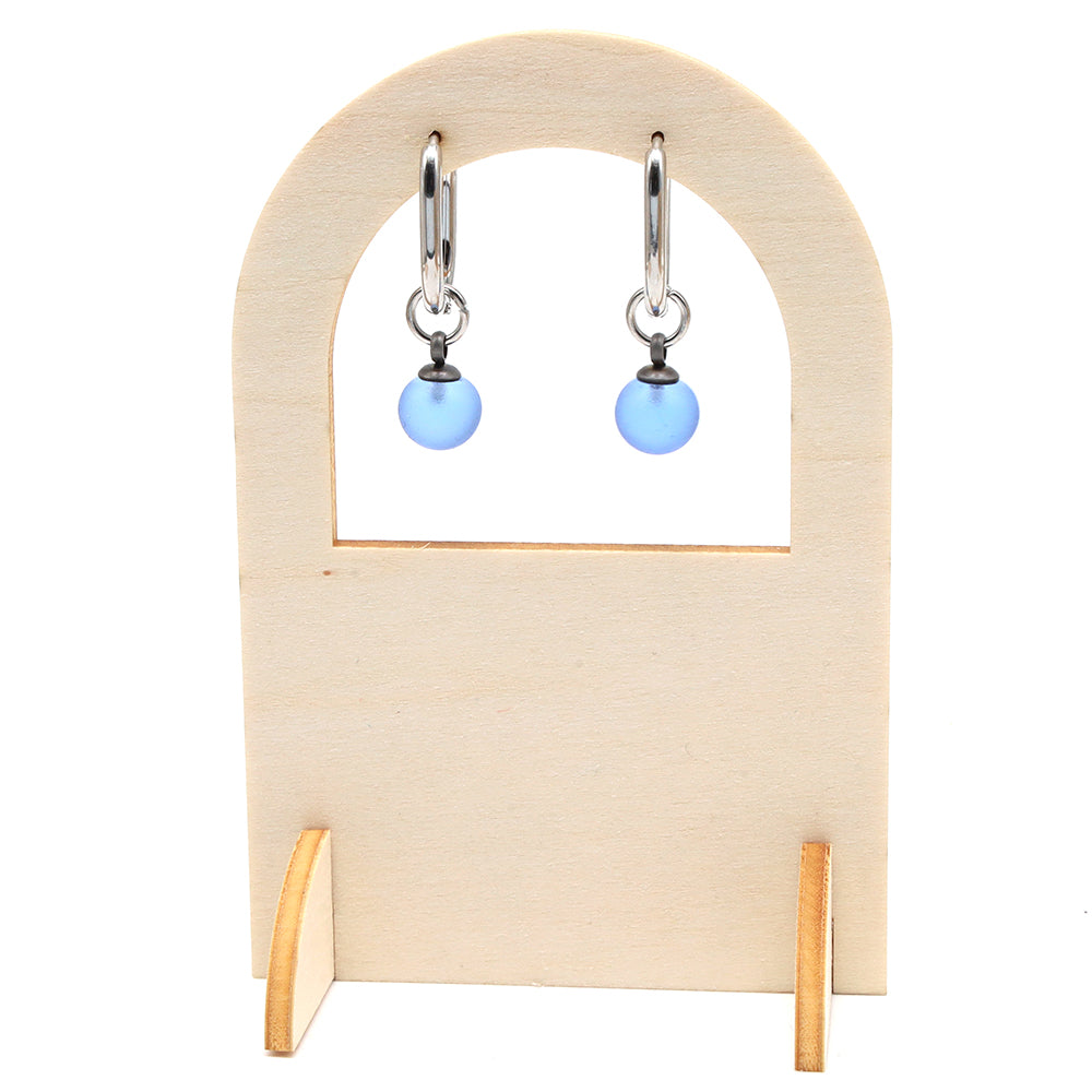 Frosted Mid Blue Glass Oval Hoop Earrings
