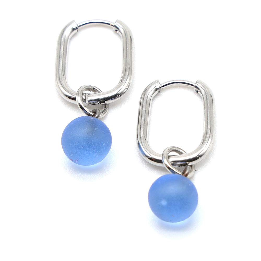Frosted Mid Blue Glass Oval Hoop Earrings