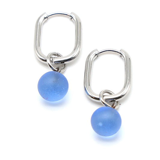 Frosted Mid Blue Glass Oval Hoop Earrings