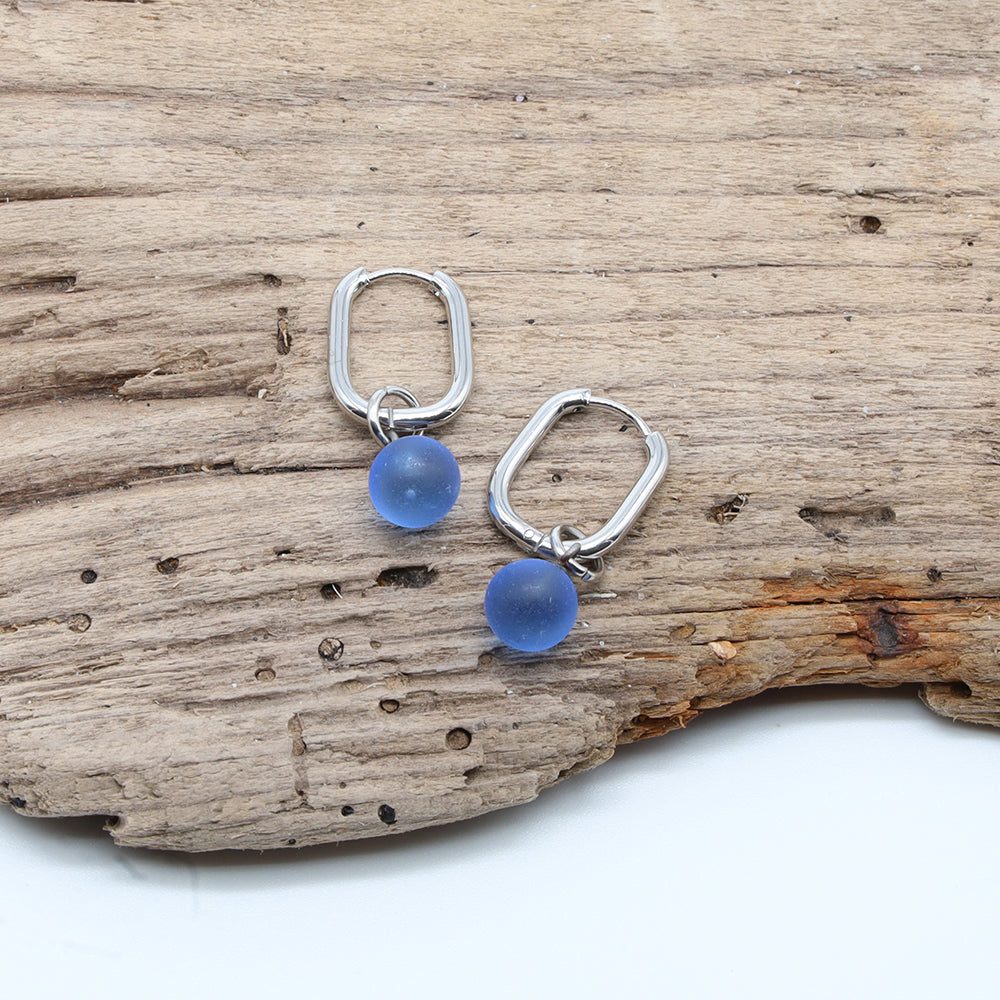 Frosted Mid Blue Glass Oval Hoop Earrings