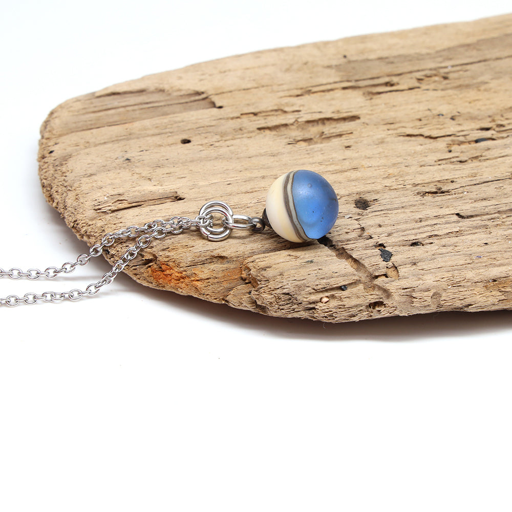 Mid Blue and Ivory Sphere Charm Stainless Steel Necklace