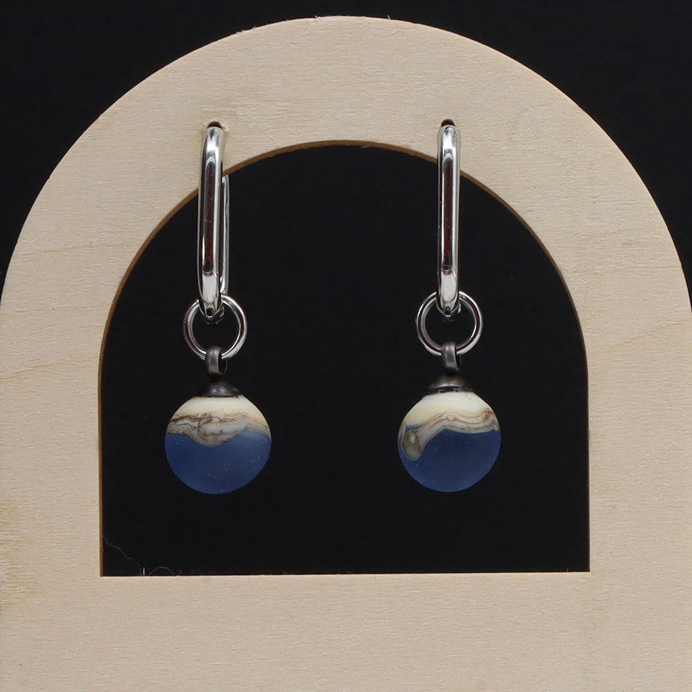 Frosted Mid Blue and Ivory Glass Oval Hoop Earrings