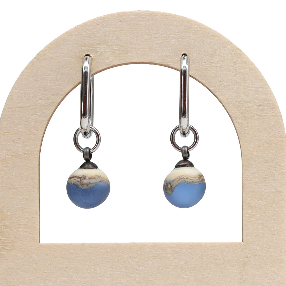 Frosted Mid Blue and Ivory Glass Oval Hoop Earrings