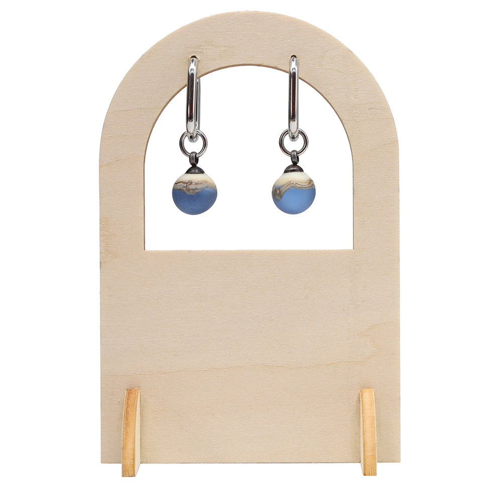 Frosted Mid Blue and Ivory Glass Oval Hoop Earrings