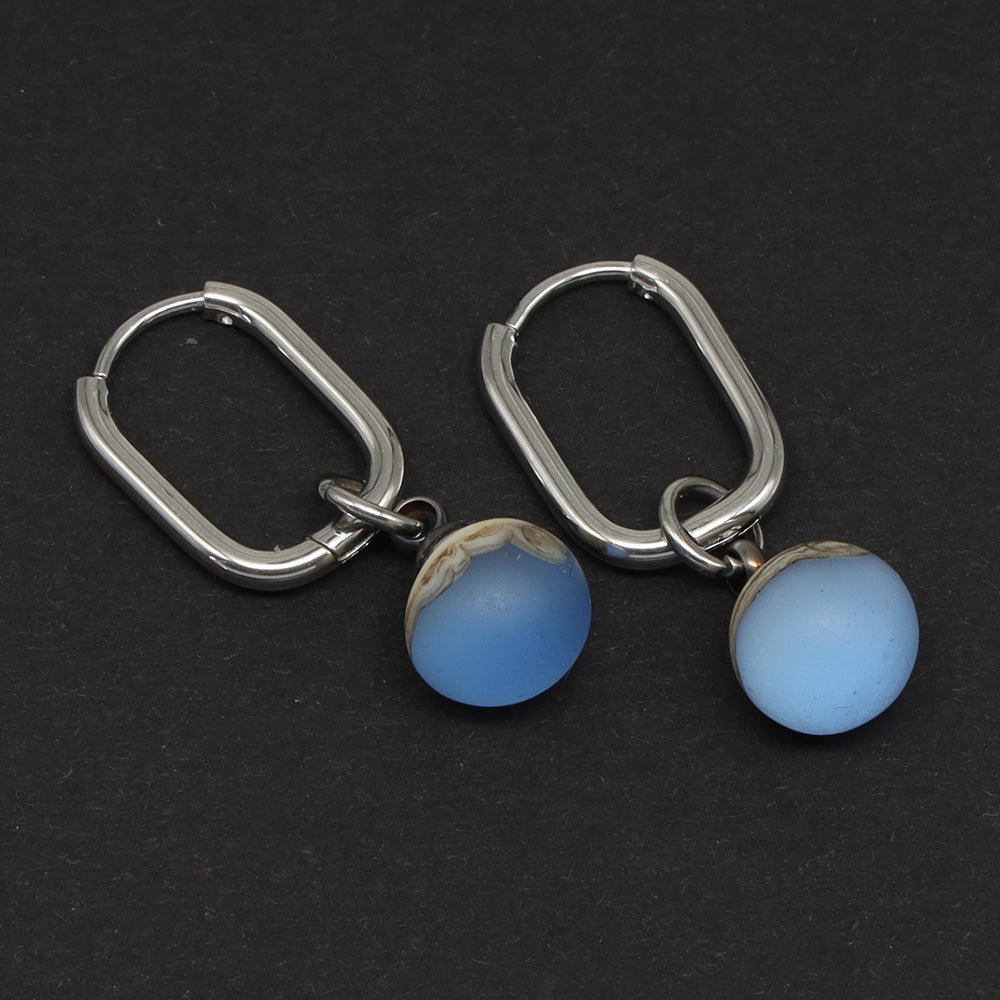 Frosted Mid Blue and Ivory Glass Oval Hoop Earrings