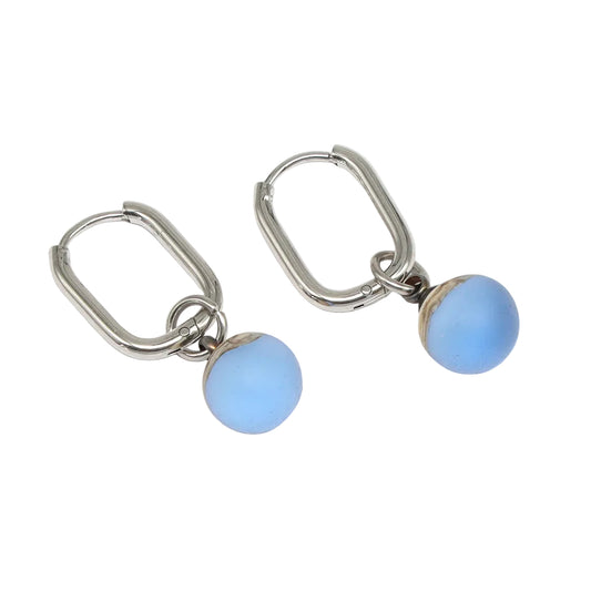 Frosted Mid Blue and Ivory Glass Oval Hoop Earrings