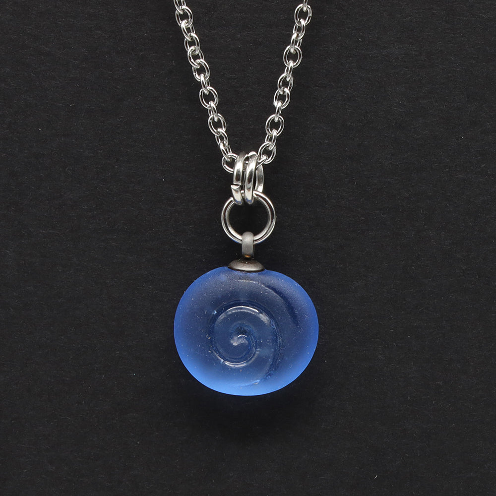 Frosted Mid Blue Spiral Charm Stainless Steel Necklace