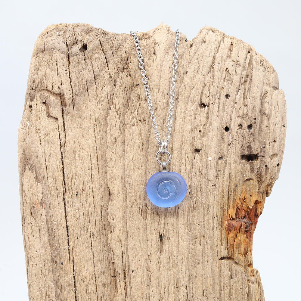 Frosted Mid Blue Spiral Charm Stainless Steel Necklace