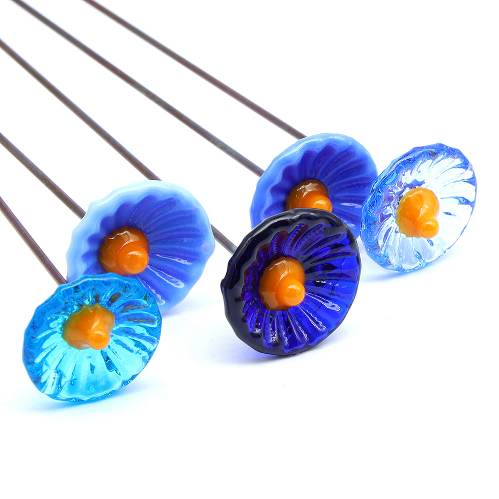 Five Blue Glass Daisy Flowers with Vase