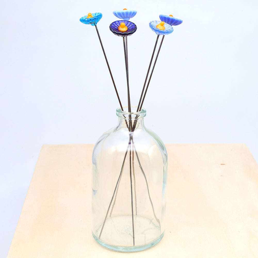 Five Blue Glass Daisy Flowers with Vase