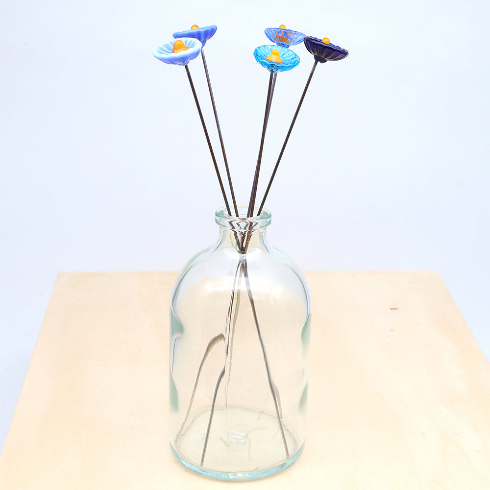 Five Blue Glass Daisy Flowers with Vase