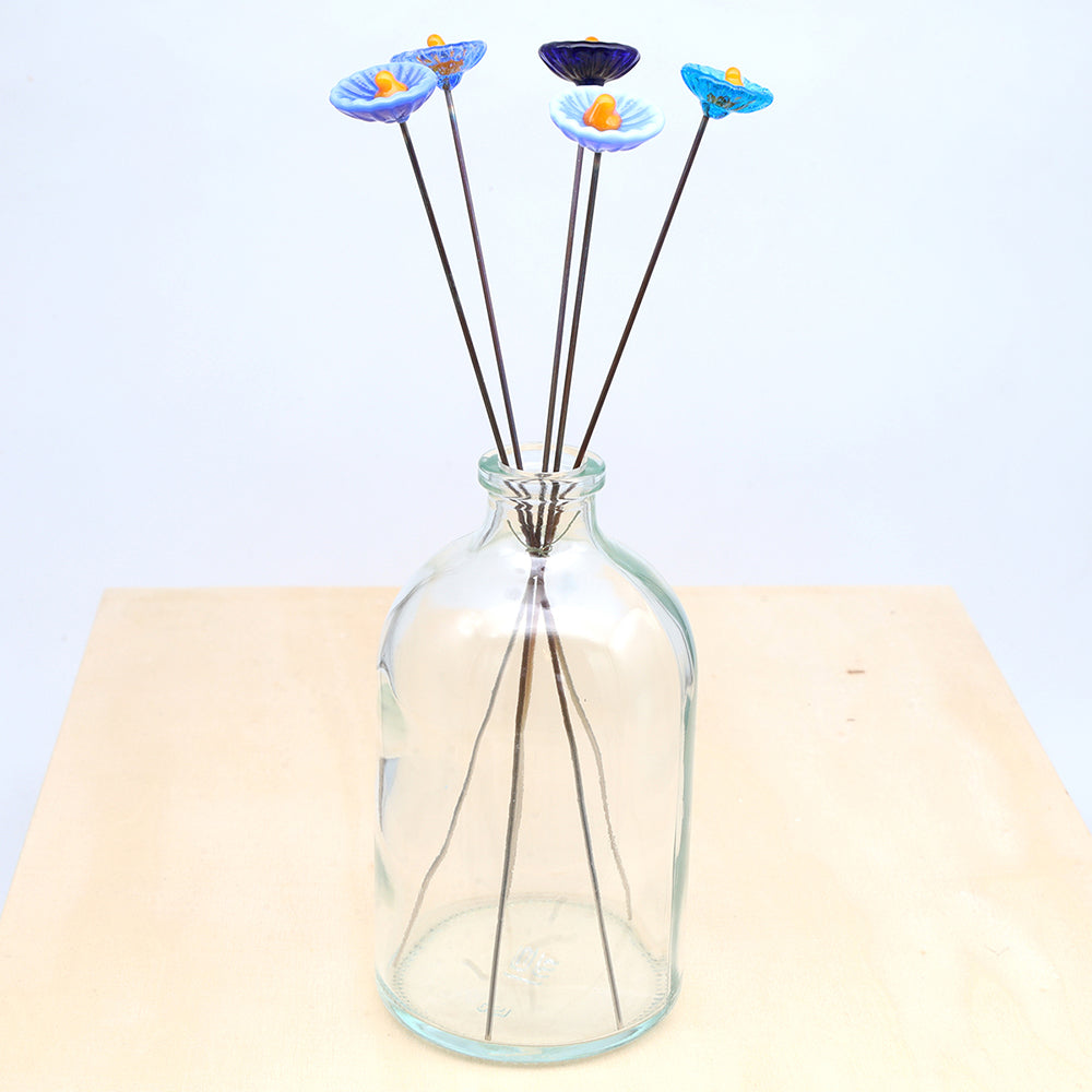 Five Blue Glass Daisy Flowers with Vase