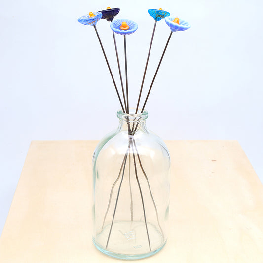 Five Blue Glass Daisy Flowers with Vase