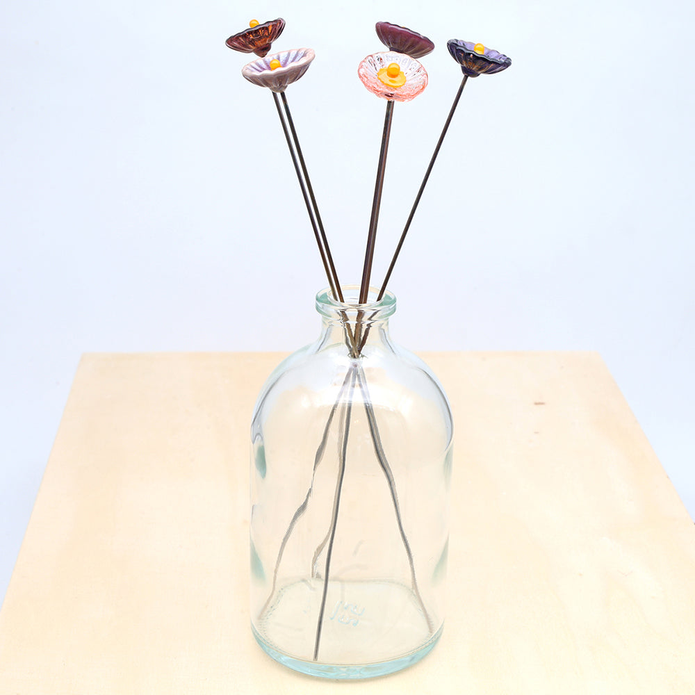 Five Purple Glass Daisy Flowers with Vase