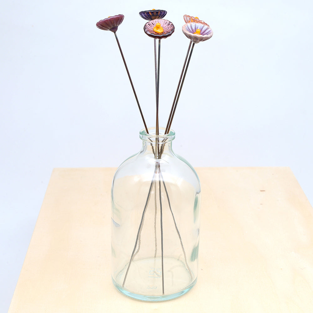 Five Purple Glass Daisy Flowers with Vase