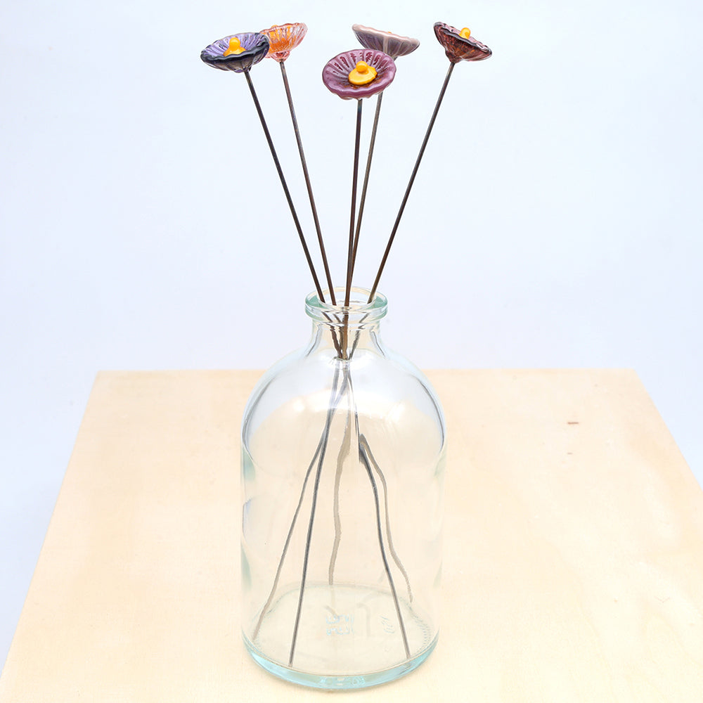 Five Purple Glass Daisy Flowers with Vase