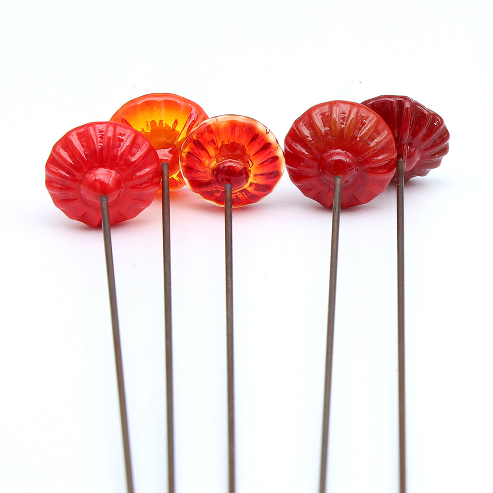 Five Red Glass Daisy Flowers with Vase