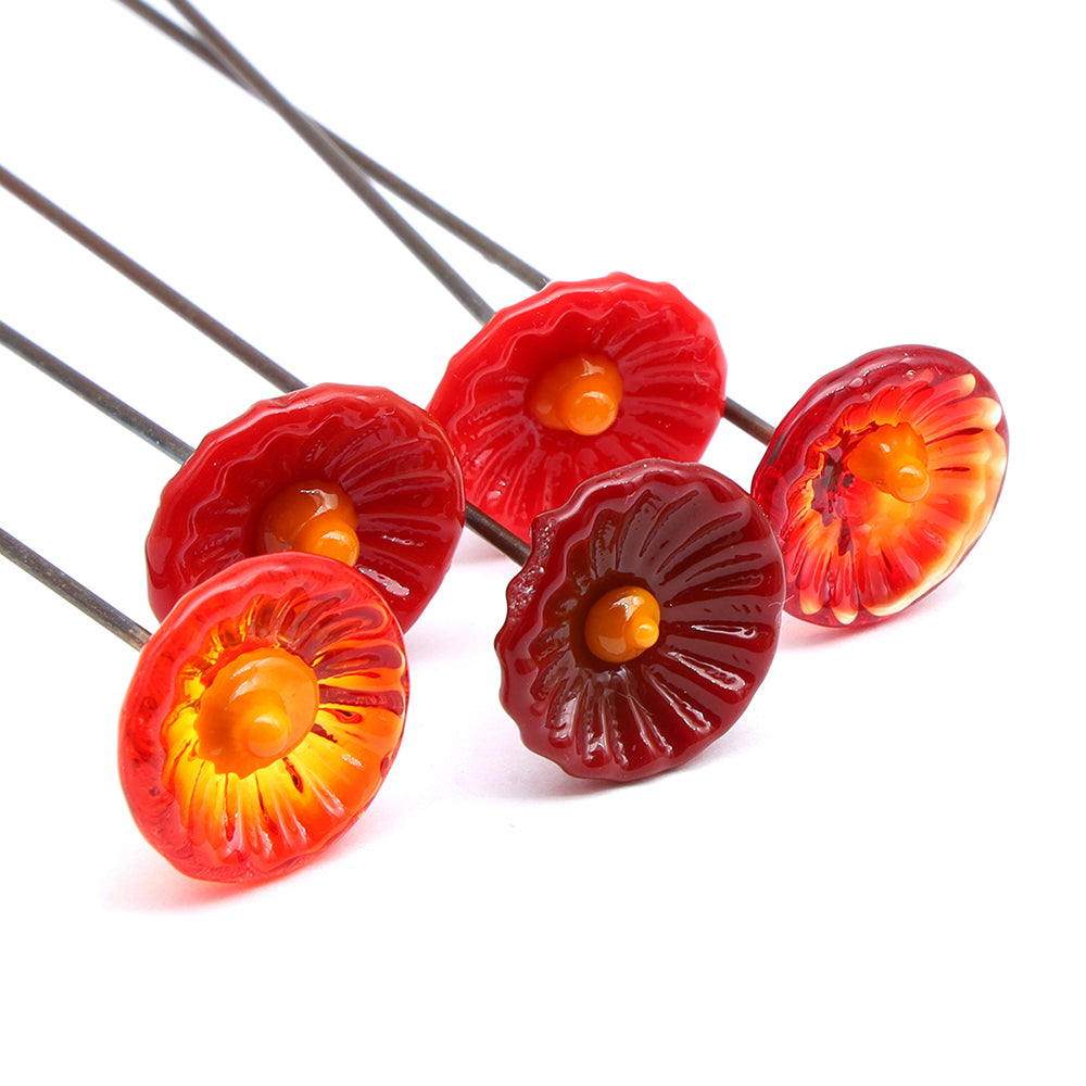 Five Red Glass Daisy Flowers with Vase