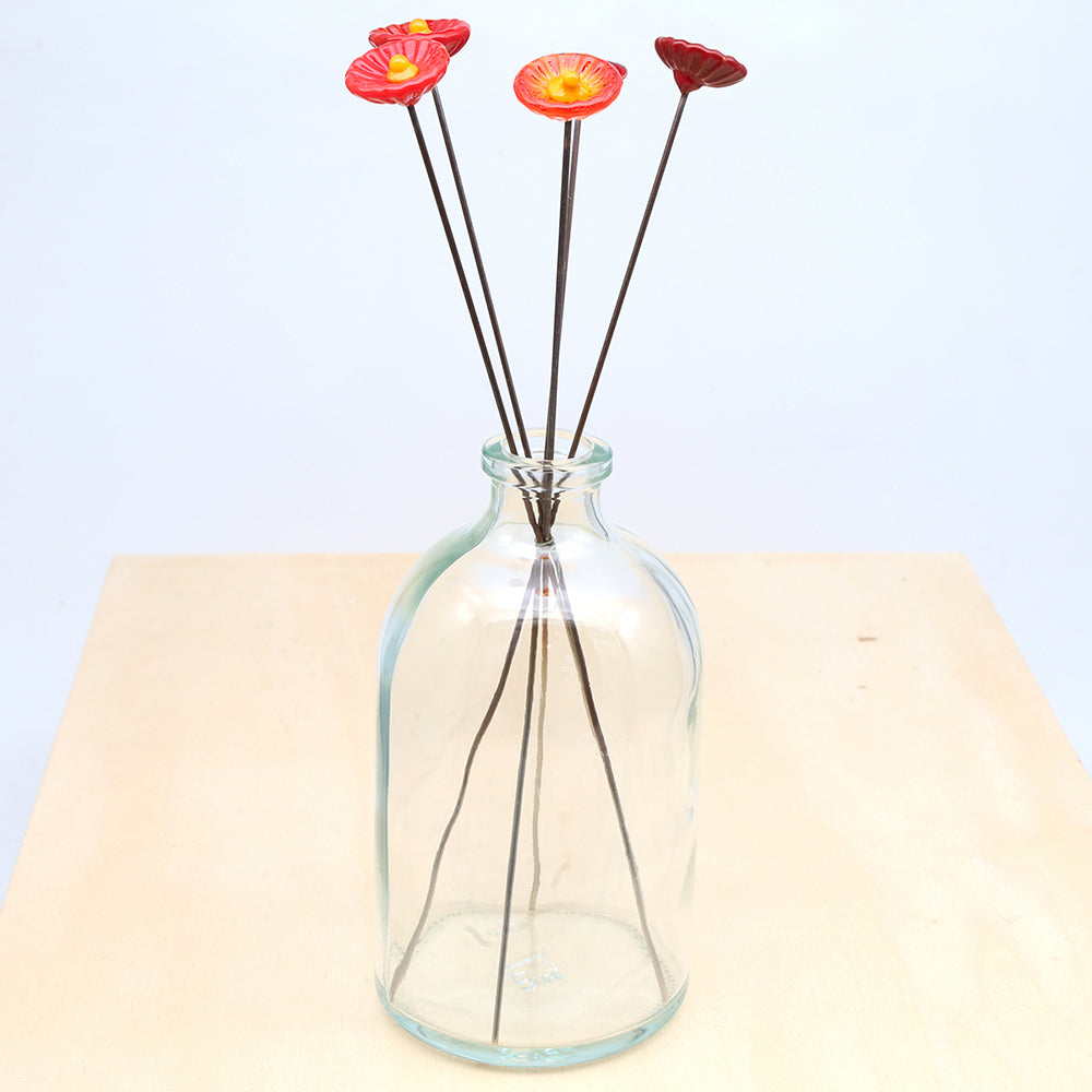 Five Red Glass Daisy Flowers with Vase