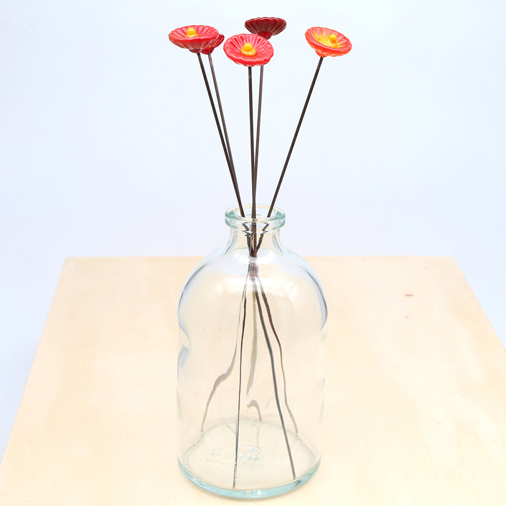 Five Red Glass Daisy Flowers with Vase