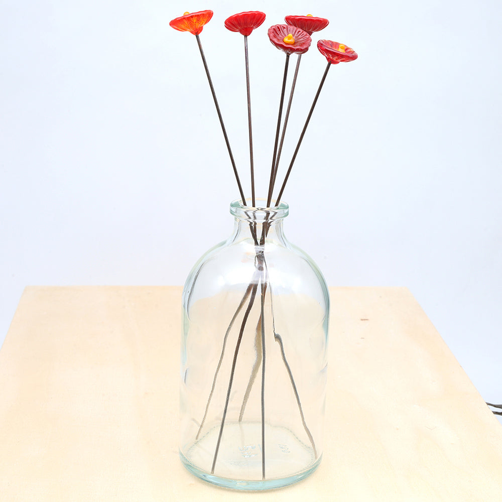 Five Red Glass Daisy Flowers with Vase