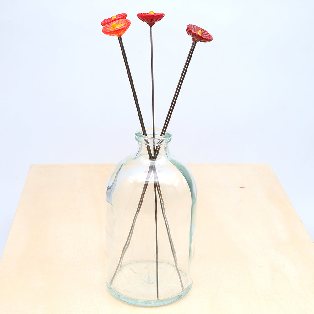 Five Red Glass Daisy Flowers with Vase