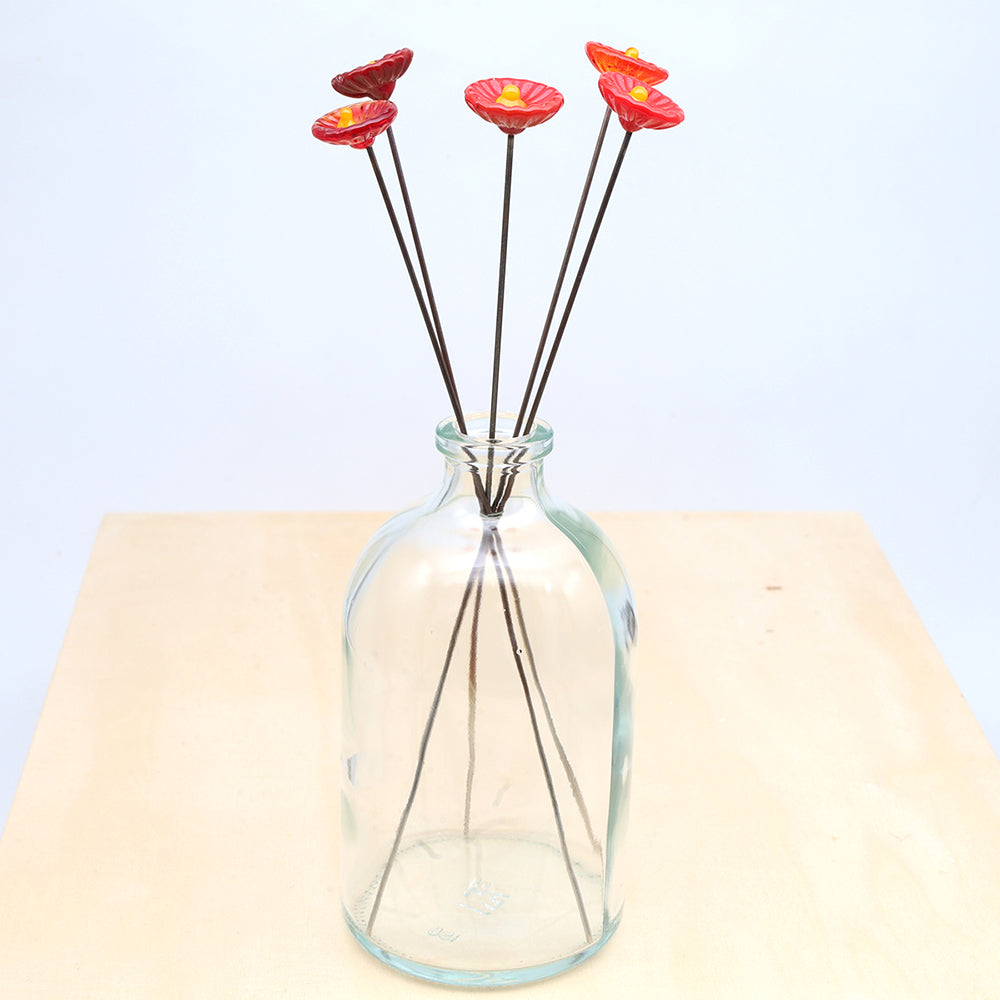 Five Red Glass Daisy Flowers with Vase