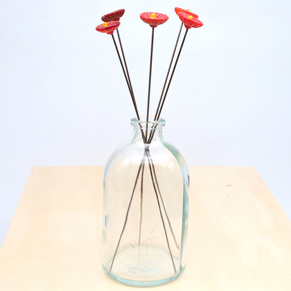 Five Red Glass Daisy Flowers with Vase