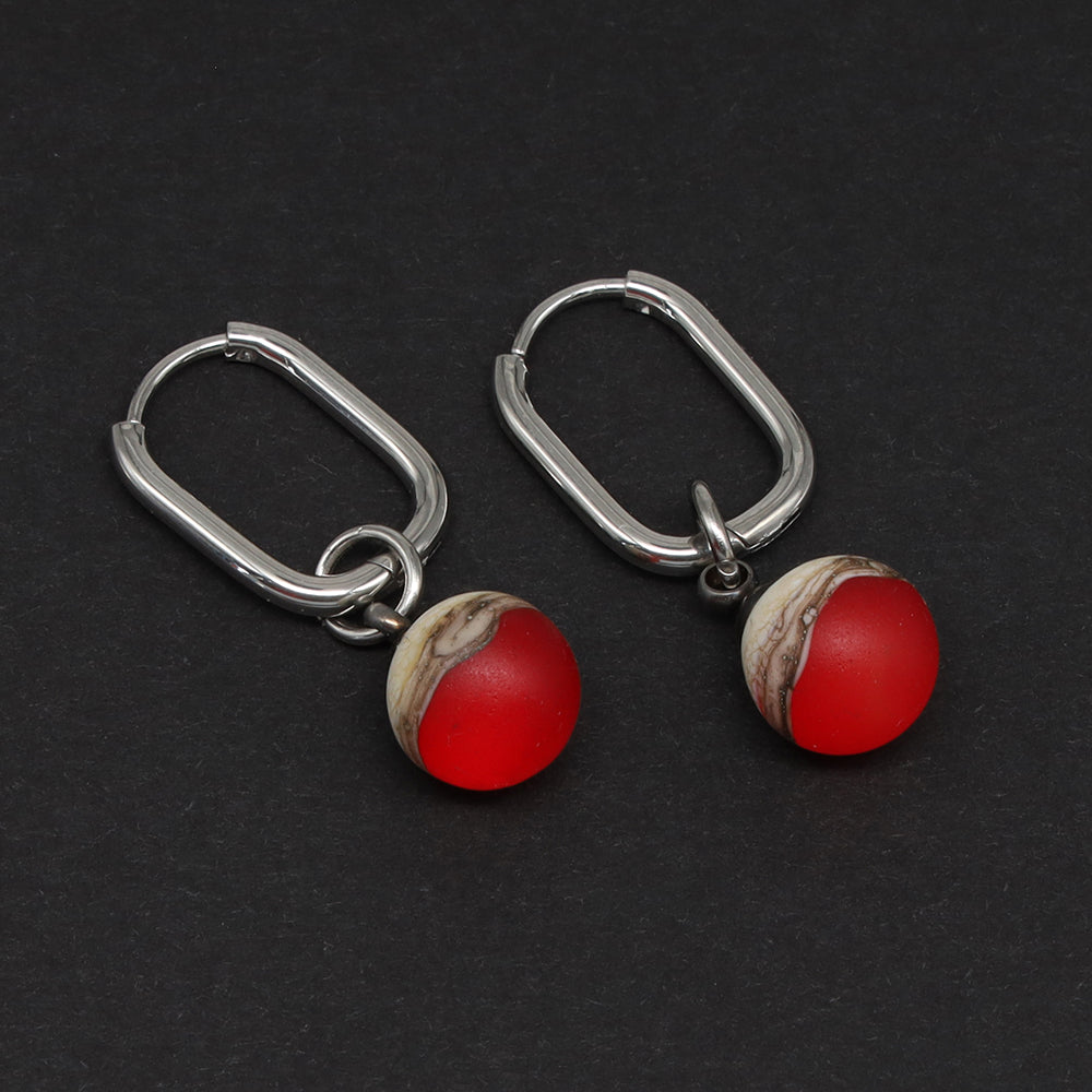Frosted Orange and Ivory Glass Oval Hoop Earrings