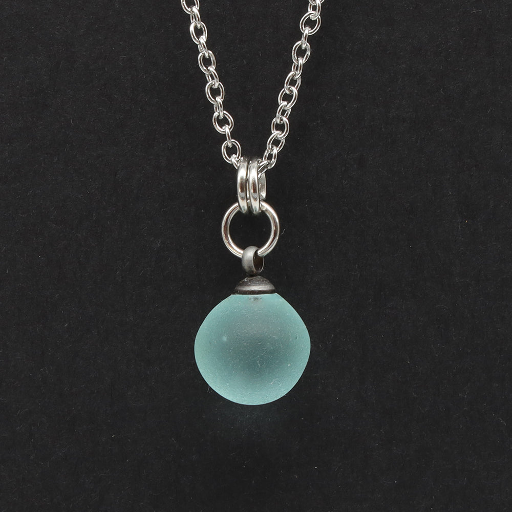 Frosted Pale Blue Sphere Charm Stainless Steel Necklace