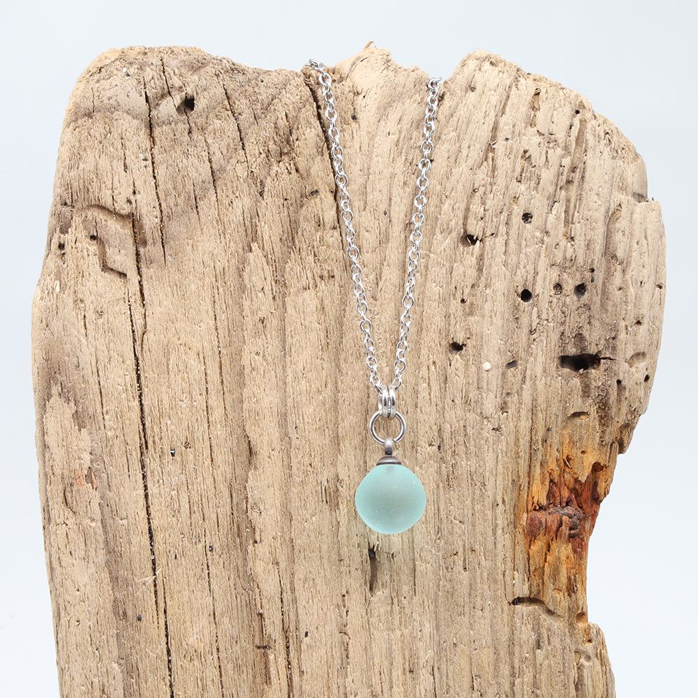 Frosted Pale Blue Sphere Charm Stainless Steel Necklace