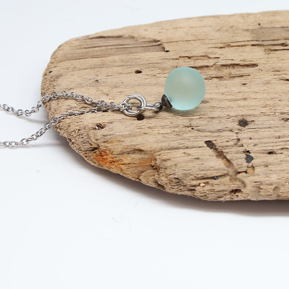 Frosted Pale Blue Sphere Charm Stainless Steel Necklace