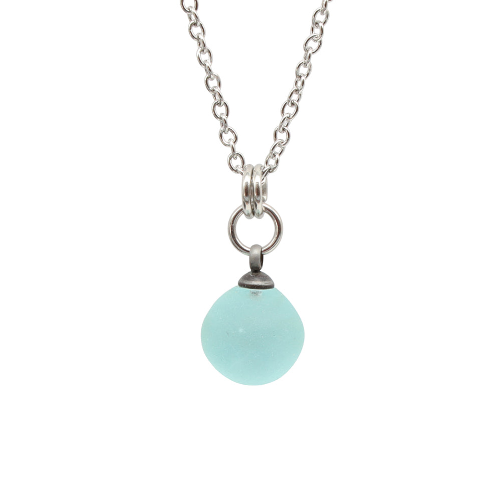 Frosted Pale Blue Sphere Charm Stainless Steel Necklace