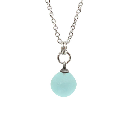 Frosted Pale Blue Sphere Charm Stainless Steel Necklace