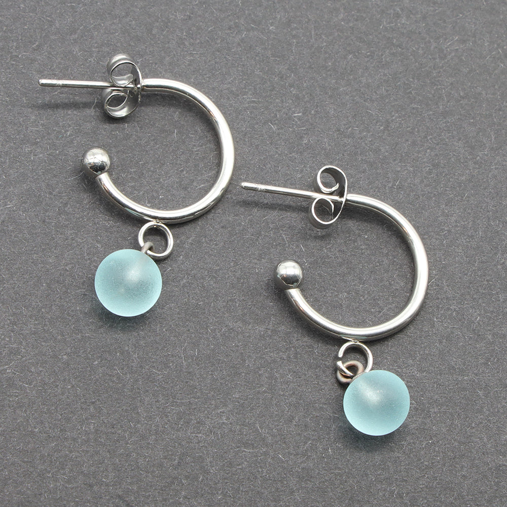 Frosted Pale Blue Glass Half Hoop Earrings