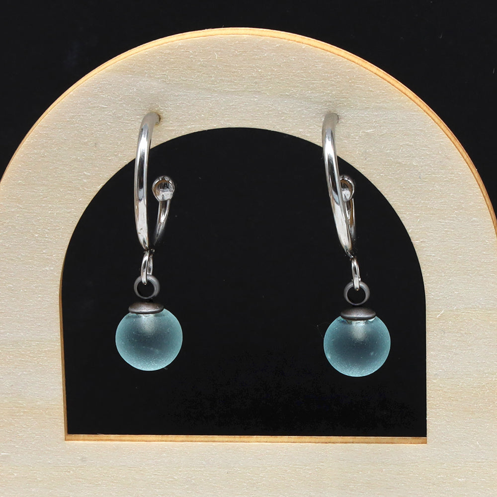 Frosted Pale Blue Glass Half Hoop Earrings