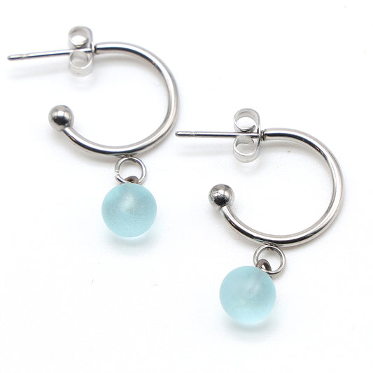 Frosted Pale Blue Glass Half Hoop Earrings