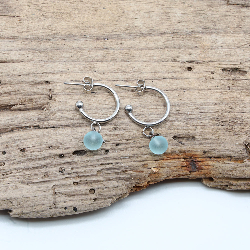 Frosted Pale Blue Glass Half Hoop Earrings