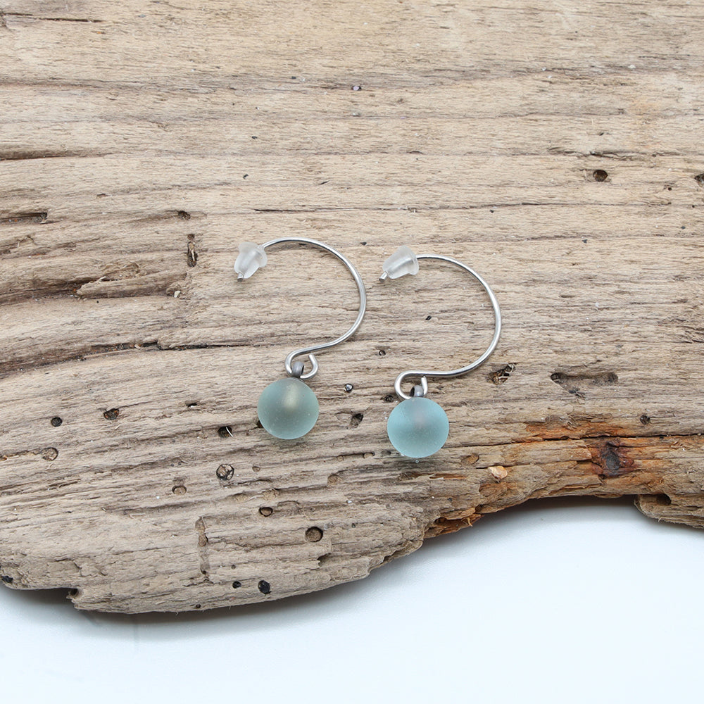 Frosted Pale Blue Glass Hook Earrings