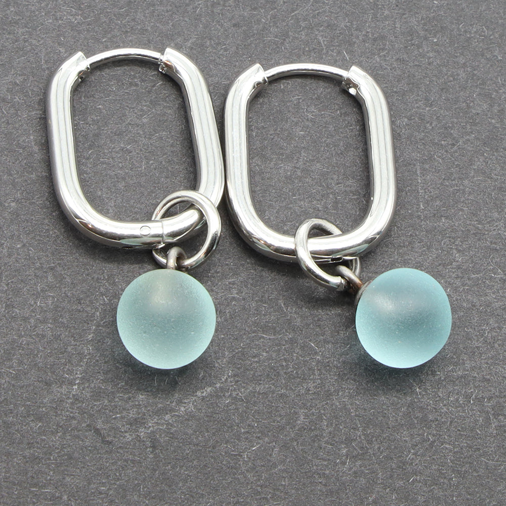 Frosted Pale Blue Glass Oval Hoop Earrings