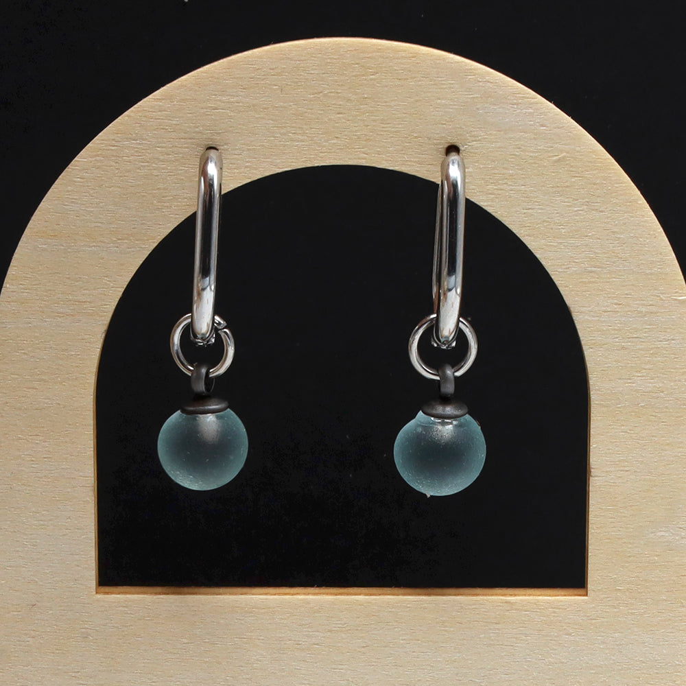 Frosted Pale Blue Glass Oval Hoop Earrings