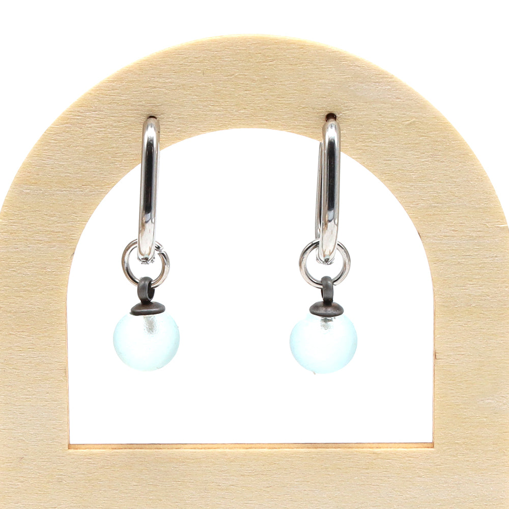 Frosted Pale Blue Glass Oval Hoop Earrings