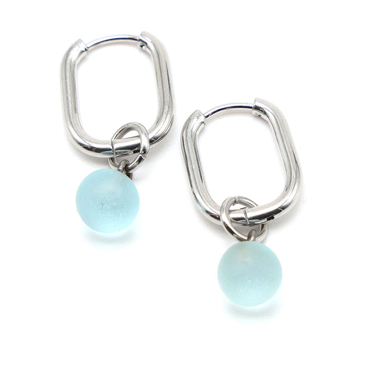 Frosted Pale Blue Glass Oval Hoop Earrings