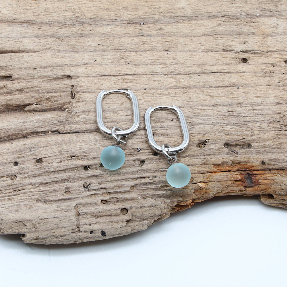 Frosted Pale Blue Glass Oval Hoop Earrings