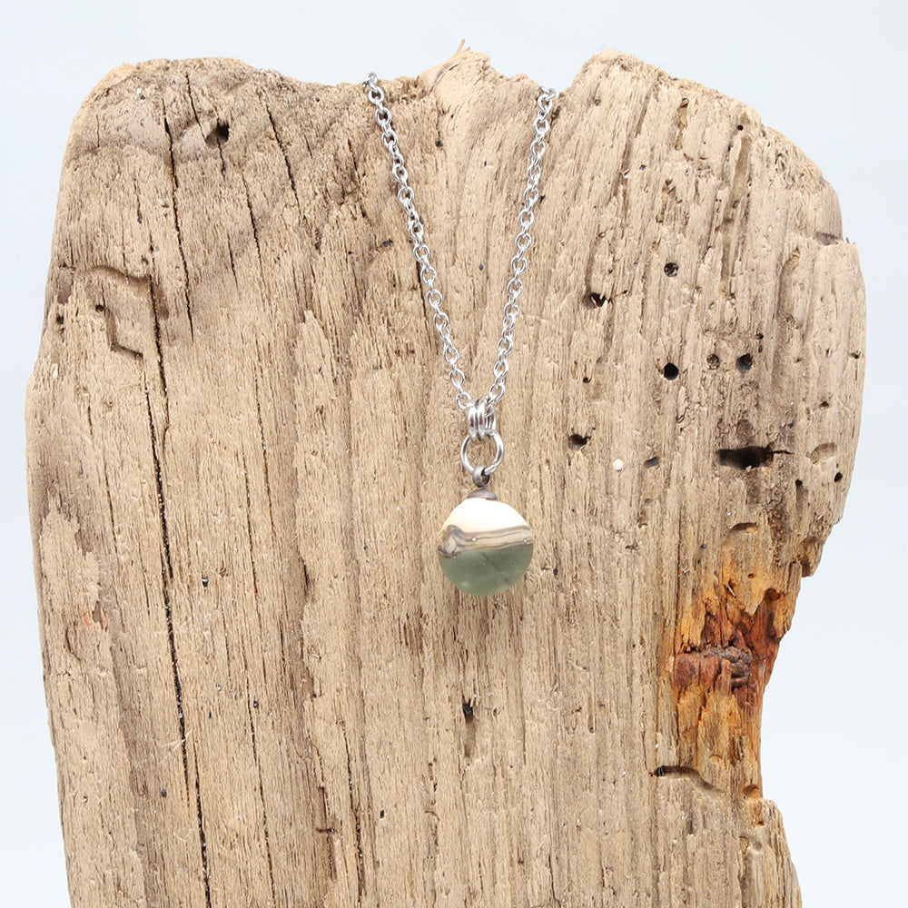 Pale Blue and Ivory Sphere Charm Stainless Steel Necklace