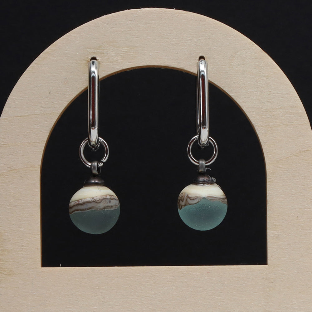 Frosted Pale Blue and Ivory Glass Oval Hoop Earrings
