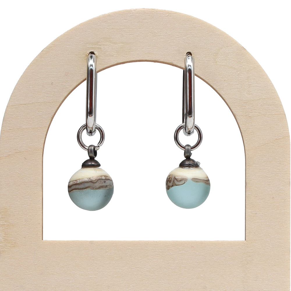 Frosted Pale Blue and Ivory Glass Oval Hoop Earrings